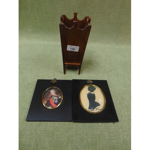 150 - Small wooden vase, together with a framed and glazed silhouette and a miniature picture of Nelson.