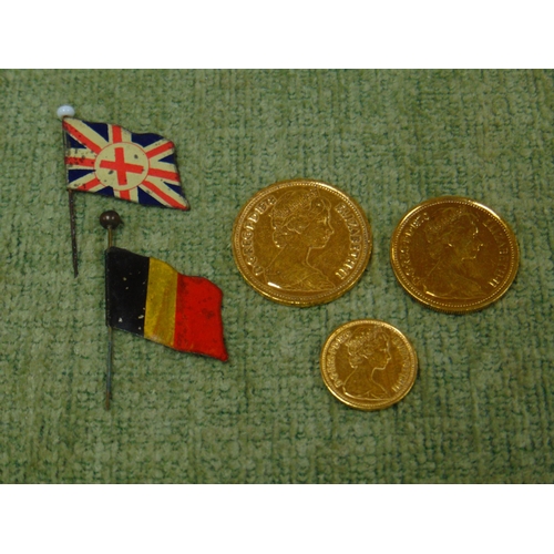 16 - Three U.K gold plated coins,  1/2 p  2p , 5p with 2 flag pins dated 1914 -1915 relating to Liverpool... 