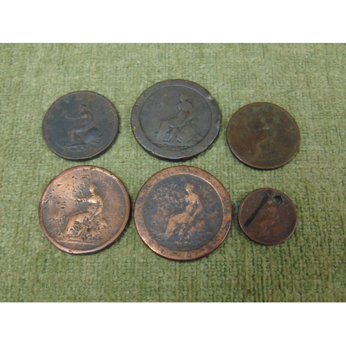 215 - George III , two cartwheel penny, 1806 penny, two 1/2 d and a 1 farthing coin.