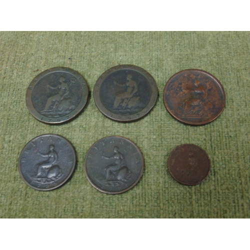 217 - Two George III  cartwheel 1d coins, 1806 penny, 2 1/2 d  and 1 farthing.