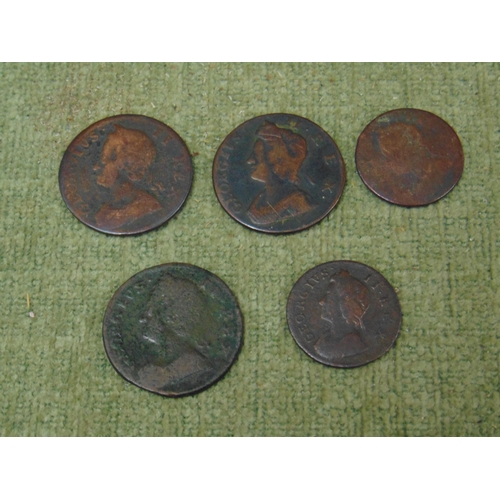 218 - George II, 3 half penny coins, and two farthings.