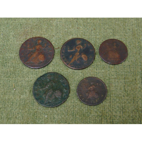 218 - George II, 3 half penny coins, and two farthings.