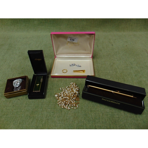 239 - Cased Ingersol watch pendant, necklace, Papermate pen, etc.