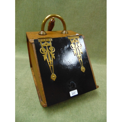 277 - Antique coal box having enamel lift up lid and brass shovel.