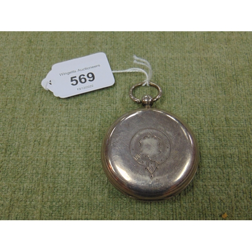 569 - Silver cased pocket watch, having enamel face and Roman numerals.