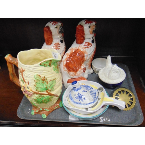 591 - Pair of 19th century Staffordshire spaniels, Shorter naturalistic jug, hen on nest, etc.