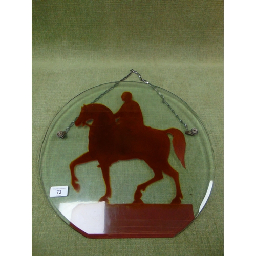 72 - Vintage reverse painting on bevel edged glass, depicting a figure on horse back. 17