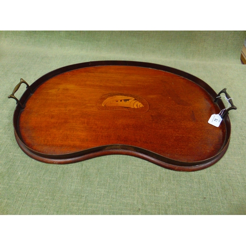 75 - Antique kidney shaped two handled tray, having inlaid shell decoration, 22