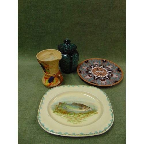 94 - Woods Ivory Ware fish dish, studio pottery charger, floral jug and a lidded vase.