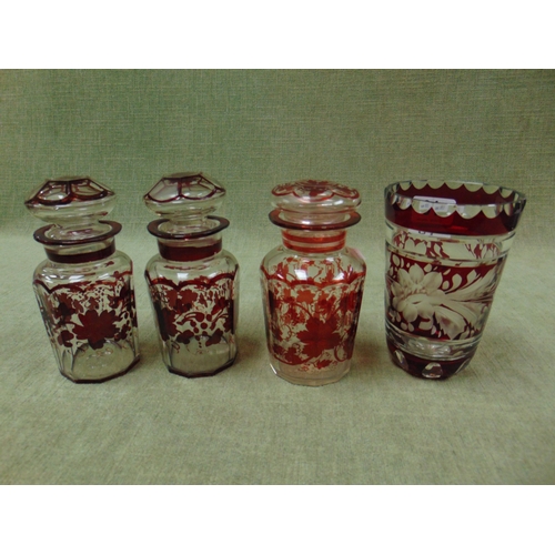 Pair of antique Venitian glass lidded jars, one other and a similar