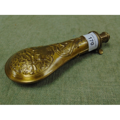 111 - Reproduction brass powder flask, having embossed decoration.