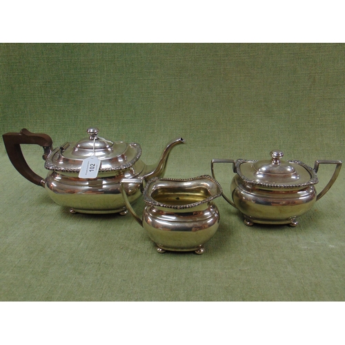 102 - Good quality Sheffield silver plated three piece tea service.