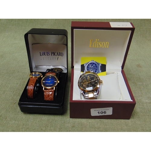 106 - Cased pair of Louis Picard wrist watches, together with a boxed Edison wrist watch.