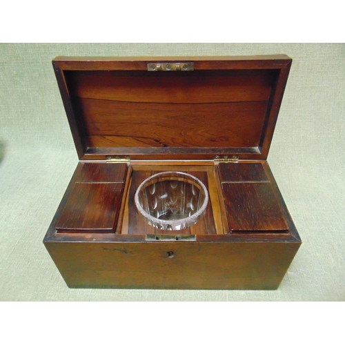 39 - Antique rosewood tea caddy, lift up lid revealing a fitted interior with glass bowl. 6 x 12 x 6