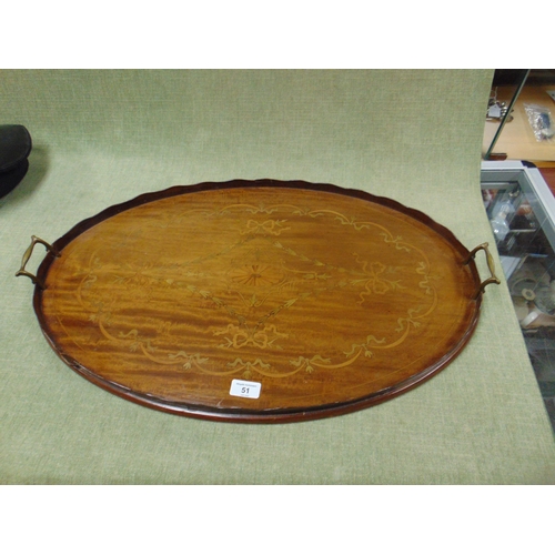 51 - Antique inlaid mahogany two handled tea tray with shaped gallery rim 27