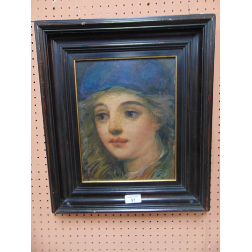 91 - Framed oil on panel, depicting a head and shoulder portrait of a young lady, indistinctly signed low... 