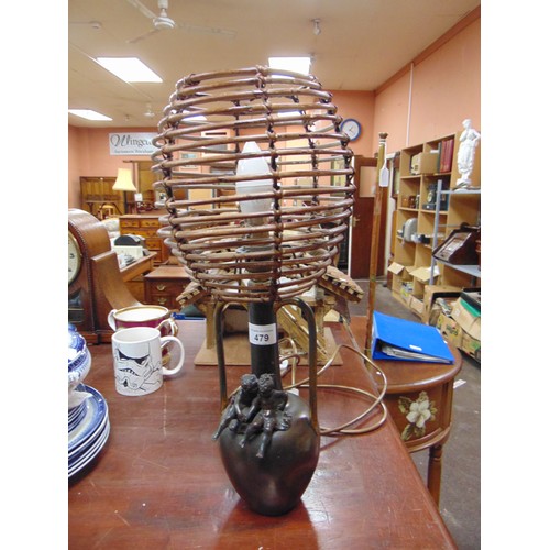 479 - Reproduction bronze type table lamp, having contemporary shade.