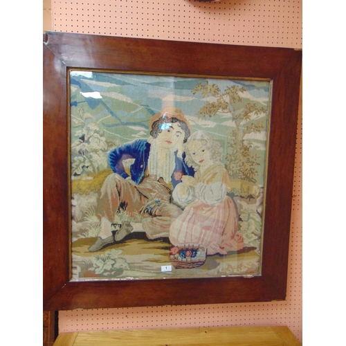 1 - Antique framed and glazed Berlin wool work tapestry, depicting a seated boy and girl. 29 x 28