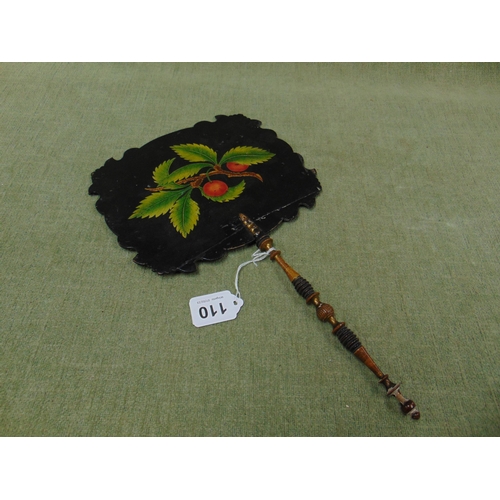 110 - Antique laquered hand screen, having floral painted decoration.