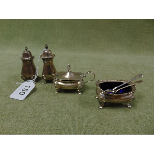 150 - Silver four piece cruet set, Maker Aidey Bros, Birmingham, together with two silver salt spoons.