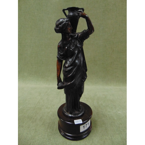 171 - Bronze figurine, modelled as a woman carrying a water urn, set on wooden base, 13