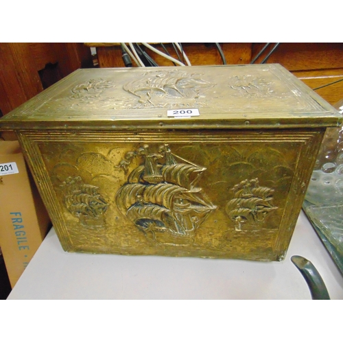 200 - Brass coal box, having embossed sailing vessel decoration.