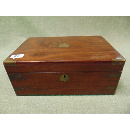 23 - 19th century brass bound mahogany writing box, lift up top and fitted interior. 5.5 x 13.5 x 9