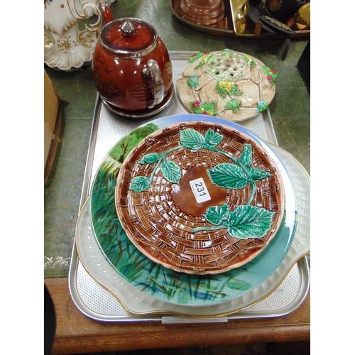 231 - Continental cabaret tray, flower holder, majolica plate, etc.