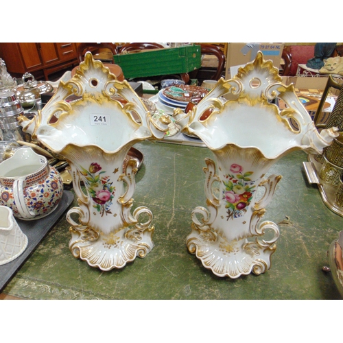 241 - Pair of continental ornate gilt edged hand painted floral vases, each 15