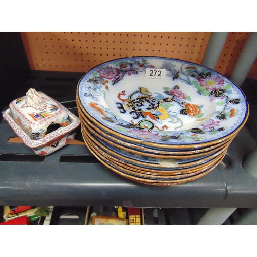 272 - Six 19th century 'Noma' transfer decorated plates, three matching bowls and an antique lidded soap h... 