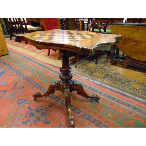 281 - Antique walnut games table, having inlaid chessboard shaped top, and on quatre form supports, 26 x 3... 