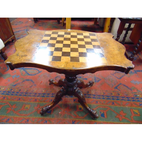 281 - Antique walnut games table, having inlaid chessboard shaped top, and on quatre form supports, 26 x 3... 