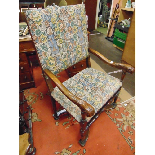 284 - Good beech framed armchair, having floral needlework tapestry upholstered back and seat, turned fron... 