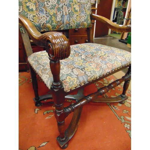 284 - Good beech framed armchair, having floral needlework tapestry upholstered back and seat, turned fron... 