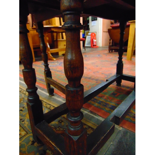 290 - Antique oak gateleg table, drop leaves, end drawer on turned supports and stretchers. 28 x 43 x 16