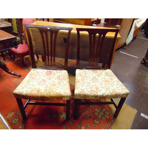 295 - Pair of antique mahogany side chairs, pierced splat backs, upholstered seats on plain supports and s... 