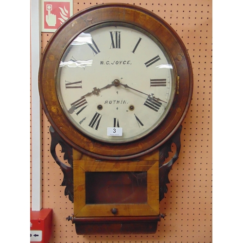 3 - W.C. Joyce Ruthin, 19th century inlaid walnut drop dial wall clock. 26 x 16