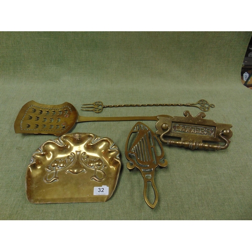 32 - 19th century brass milk skimmer, letter box, crumb scoop, etc.