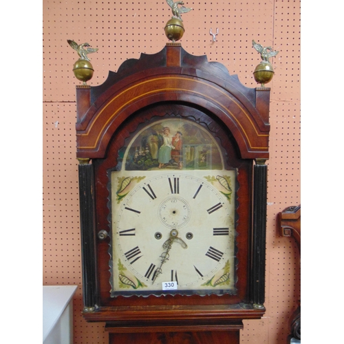 330 - 19th century inlaid mahogany 8 day longcase clock. Brass eagle mounts, painted dial decorated with S... 