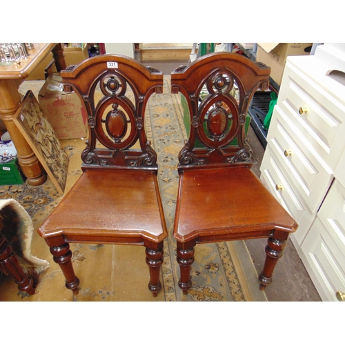 331 - Good pair of antique mahogany hall chairs, pierced backs, solid seats and on turned frontal supports... 