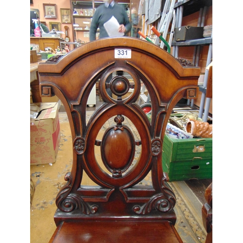 331 - Good pair of antique mahogany hall chairs, pierced backs, solid seats and on turned frontal supports... 