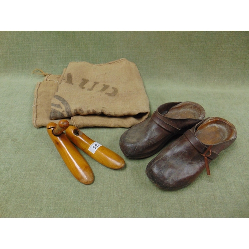 35 - Pair of antique clogs, shoe stretcher, etc.