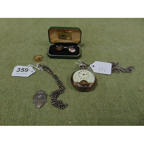 359 - French silver cased pocket watch, cased pair of cufflinks, silver watch chain and pendant, silver fo... 