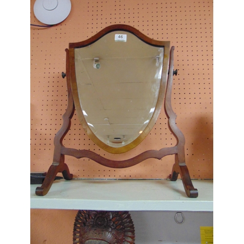 46 - Antique inlaid mahogany shield form dressing table mirror, 21