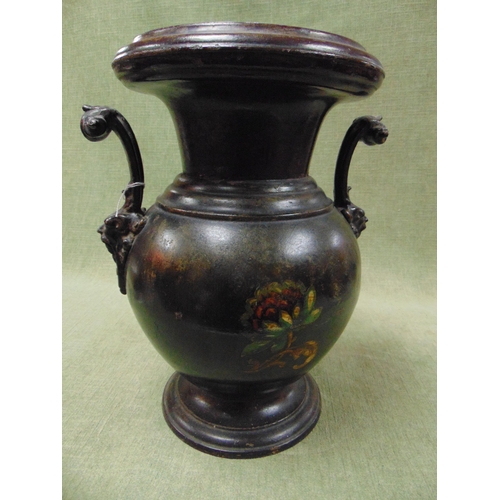 52 - Antique toleware two handled vase, set on footed base, 15.5