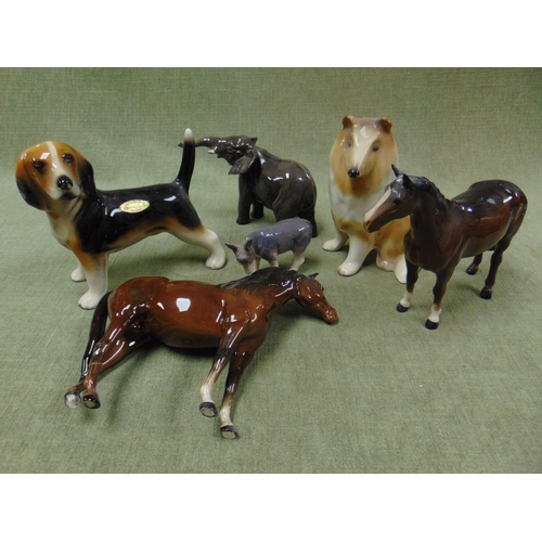 71 - Two Beswick horses, elephant, and three other animal figures.