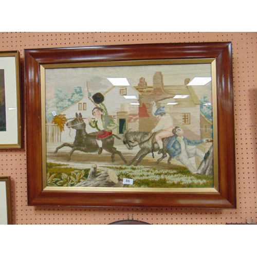 86 - Antique framed and glazed wool work tapestry, depicting men sat atop horses. 18.5 x 25