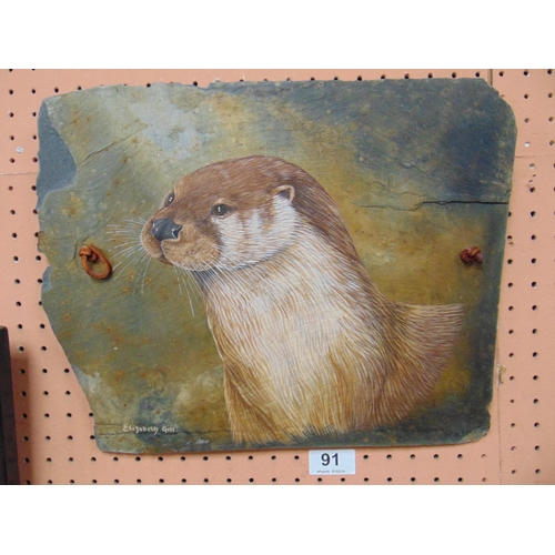 91 - Elizabeth Gill, painting on slate, depicting an otter, signed lower left. 11x 14