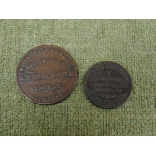 146 - Two mid 19th century copper commercial tokens, iron monger Merchant Auckland and Chester , featuring... 