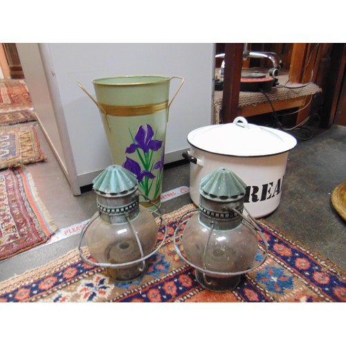 13 - Enamel bread bin, two vintage lanterns,  waste paper bin.